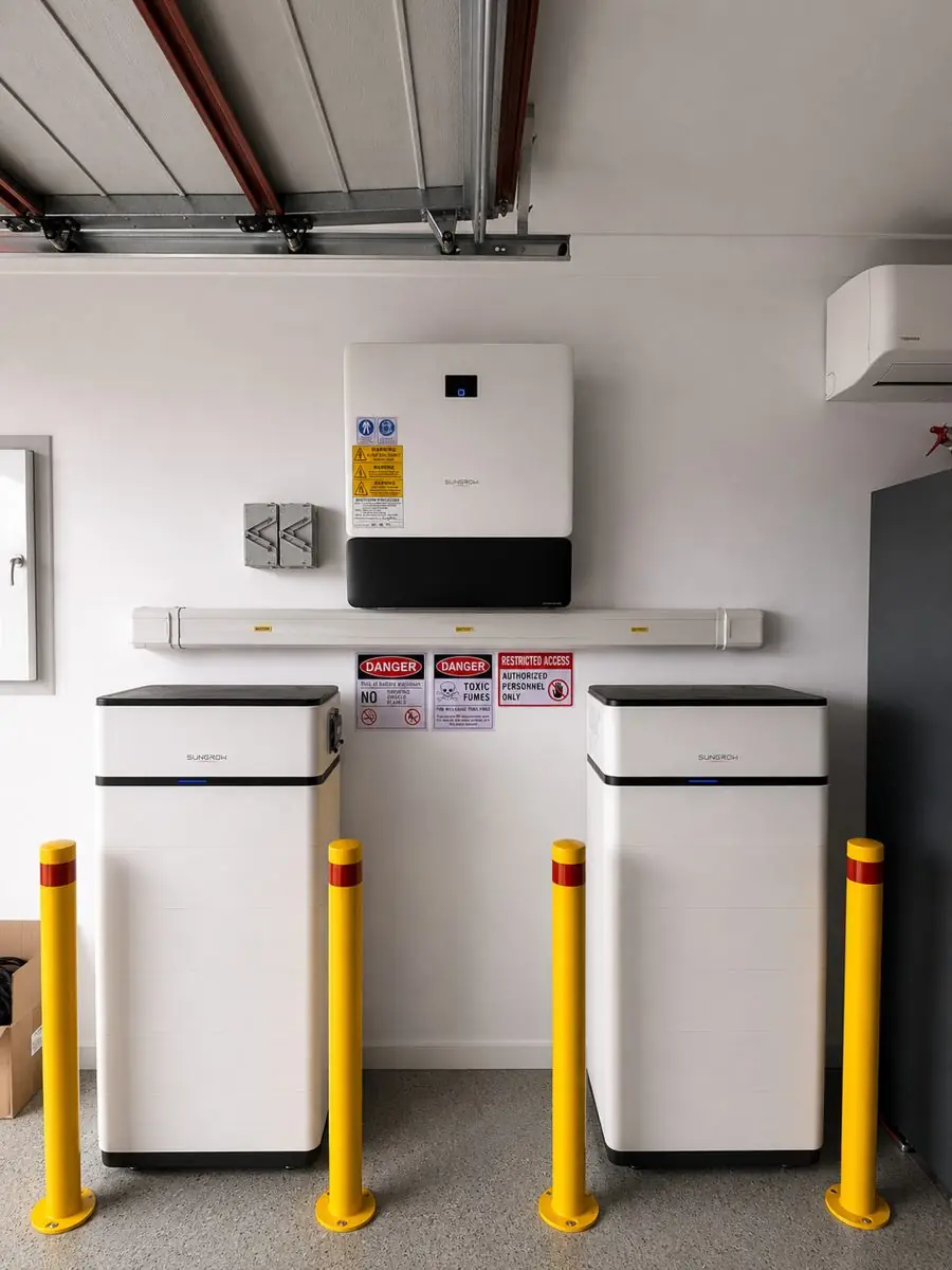 Sungrow hybrid inverter with two Sungrow batteries in a garage